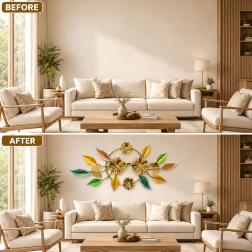 Image of SHREE 'O' GREEN TECH - Multicolor Modern Metal Flower Wall Art Handcrafted Floral Leaf Wall Hanging Decorative Home Interior Decor for Living Room Bedroom (50 x 22 Inch)