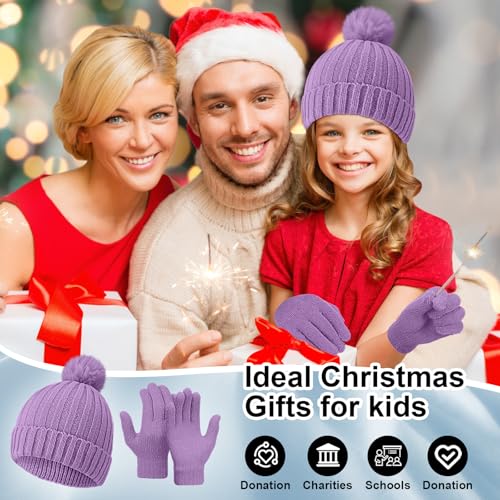 Image of JaGely Kids Beanie and Glove Set Winter Snow Warm Hat and Gloves Unisex Knit Hat with Pompom Full Fingers Ski for Boys Girls