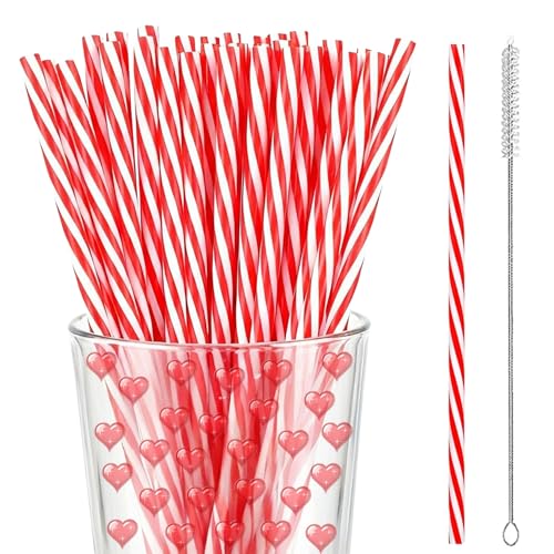 Reusable Plastic Thick Drinking Straw-25PC Red and White Stripe Hard Straws for Mason Jar 9 Inch Two-tone Striped Straw for Holiday Christmas Wedding Valentines Day Party Favors Decoration Supplies