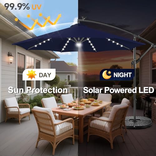 Image of Solar Offset Patio Umbrella - 10 FT Solar Cantilever Umbrella Outdoor with 40 LED Lights and Cross Base, UV Protection for Garden, Deck, Backyard, Pool, Porch, Navy Bluery