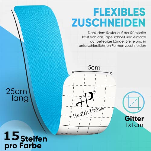 Health Press® Kinesiology Tape Strips - 30 Pieces Blue + Rose (25cm x 5cm) Pre-Cut Kinesiology Tape, Blue + Pink, 25 x 5cm (30 Strips) - Image 3