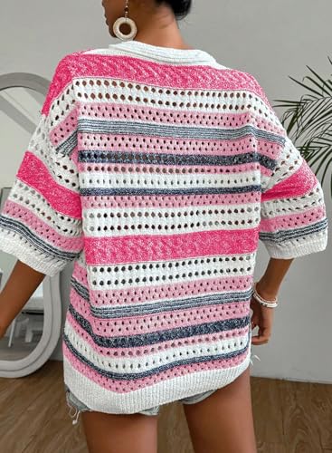 Image of Acelitt Crochet Tops for Women Summer Short Sleeve Sweater | Boho Striped Knit Top, 3 /4 Sleeve, Hollow Out Oversized Sweaters, Lightweight Blouses, Spring Fall Outfits for Beach Vacation