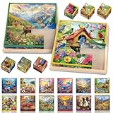 16 Patterns Blocks Cube Tile Matching Dementia Activities for Seniors 2 Sets Wooden Large Piece 3D Puzzles Box for Elderly Alzheimers Easy Memory Games for Dementia