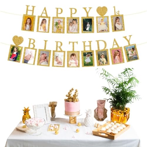 Happy 1st Birthday Photo Banner 1 Year Old Party Decorations, One Birthday Picture Frame Banner First Photo Frame Party Supplies Bunting Decor - image 3