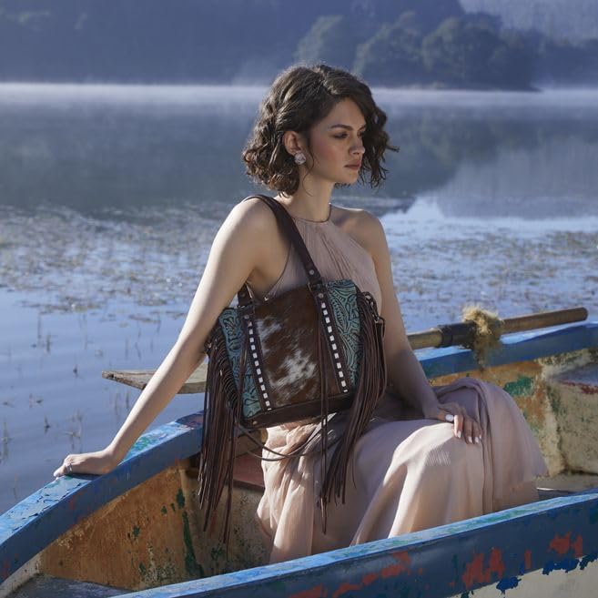 Myra Bag Western Style Purse - Fringe Purses for Women with Real Cowhide and Blue Accents, Leather Western Handbags for Women - Image 2