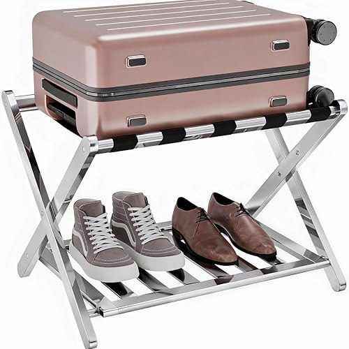 Image of Stainless Steel Folding Luggage Rack for Guest Room Foldable luggage Racks for Suitcase Stand with Nylon Straps, Luggage Stand Double Tiers SS Luggage Holder with Shelf for Bedroom, Hotel, No Assembly Required (Stainless Steel Luggage Rack 1pcs)