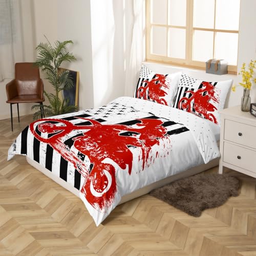 American Flag Comforter Cover Motocross Rider Bedding Set for Kids Boys Teens,United States Flag Black White Duvet Cover Speed Dirt Bike Bed Set Motorbike Kids Car Theme Room Decor Queen Size