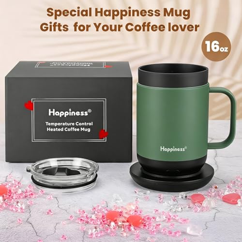 Image of Happiness Smart Heated Coffee Mug,Rechargeable Electric Self Heating Temperature Control Coffee Cup Gifts for Mom Dad Women Men