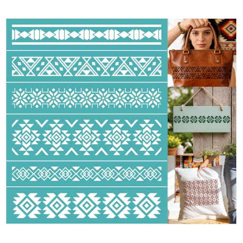 GOMAKERER 2 feuille Pochoir de Sérigraphie à Motif Aztèque, Pochoirs en Maille Réutilisables Géométriques Tribaux Auto Adhésifs pour Sérigraphie Bohème pour Peinture Murale Bois T Shirt pour la Maison
