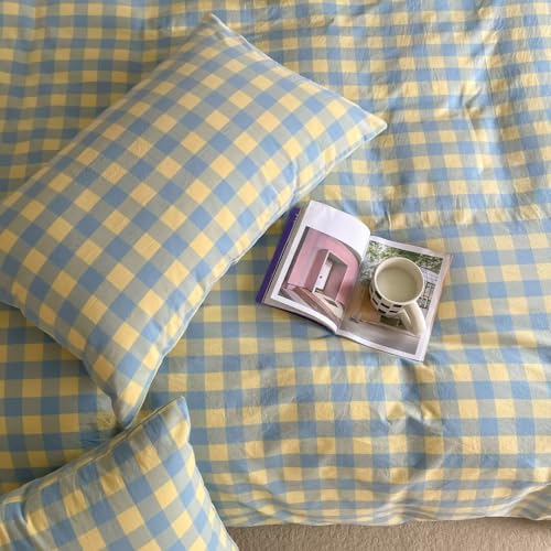 Image of MKXI Reversible Blue Yellow Plaid Duvet Cover - 100% Washed Cotton 3pc Set, Vintage Checkered Comforter Cover for Coastal & Retro Decor (King)