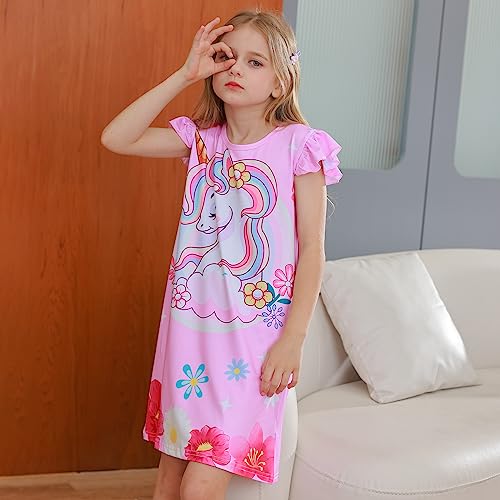 Lqsz Girls Nightgowns Rainbow Unicorn Nightdress Nightie Sleepwear Pajamas Flutter Short Sleeves Nightgowns For Girls 9 10T #TOP1
