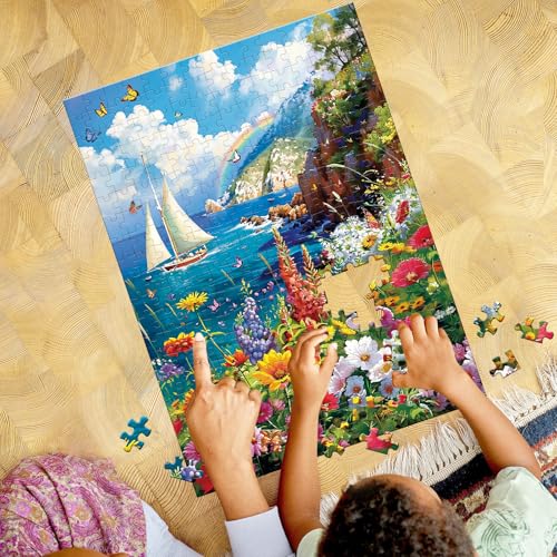 Image of 300 Pieces Puzzles for Adults-Colorful Garden By The Ocean Puzzle for Adults Children Elderly-Recycled Paper Puzzle 300 Pieces-Glossy, Sturdy Pieces Challenging Family Game Great Gift Idea (20.5x15in)