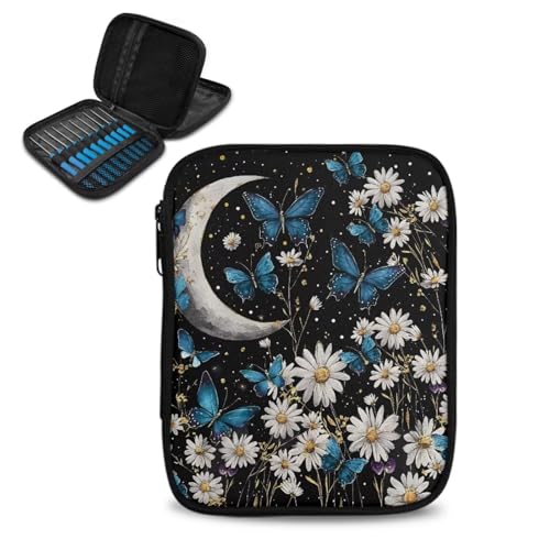 Image of Moon Daisy Butterfly Crochet Hook Case Crochet Hook Holder Portable Storage Bag with Web Pockets Suitable for Needles /Knitting Accessories