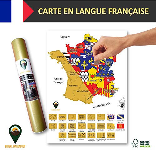 Global Walkabout FRANÇAISE - A3 Carte à gratter des drapeaux et des faits de France avec des drapeaux en arrière-plan - Affiche de voyage de luxe - Pays et faits - Cadeau de voyage - Carte A3 (Noir)