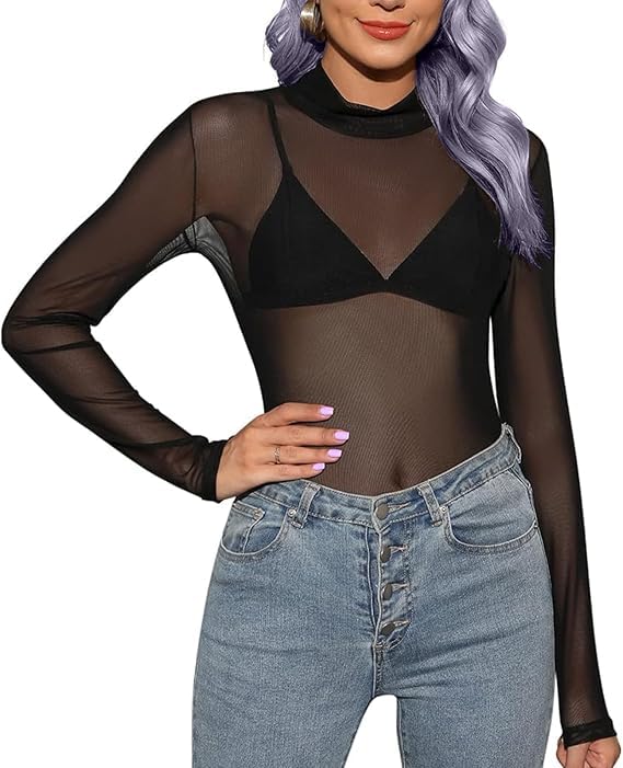 shine n' show - forever gorgeous Mesh Top for Women Long Sleeve See Through Shirt Mock Neck Sheer Blouse-picture-34