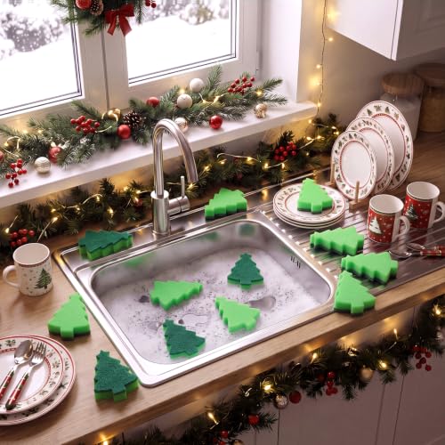 Image of Tioncy 12 Pack Christmas Tree Kitchen Sponges Bulk Cute Green Tree Dual Sided Scrubber Sponges Dishwashing Kitchen Cleaning Accessories for Home Decor Household Supplies