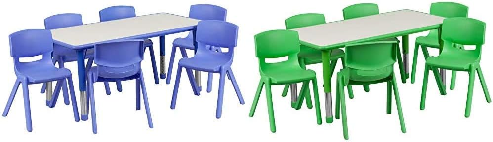 Flash Furniture Emmy 23.625''W x 47.25''L Rectangular Blue Plastic Height Adjustable Activity Table Set with 6 Chairs | Flash Furniture Emmy Adjustable Classroom Activity Table with 6 Stackable Chairs, Rectangular Plastic Activity Table for Kids, 23.625" W x 47.25" L, Green/Gray
