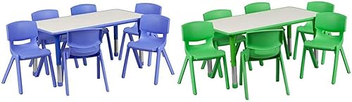 Flash Furniture Emmy - Juego de mesa rectangular de plástico azul ajustable de 23.625 pulgadas de ancho x 47.25 pulgadas de largo, con 6 sillas,