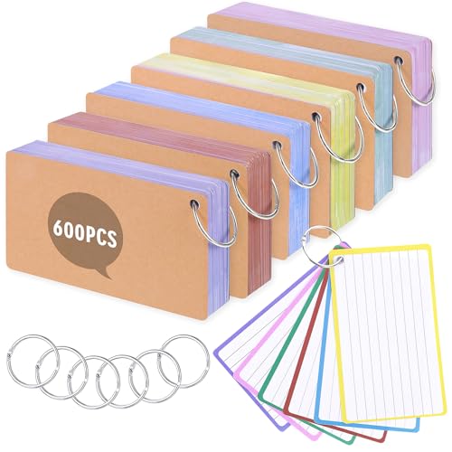 Flash Card, 600 Pcs Revision Cards 5x3 (12.7 * 7.6cm) Index Cards 180 GSM Thickened Flashcards with 6 Metal Binder Rings, Coloured Ruled Cue Card for School Office Home Study Revision Supplies
