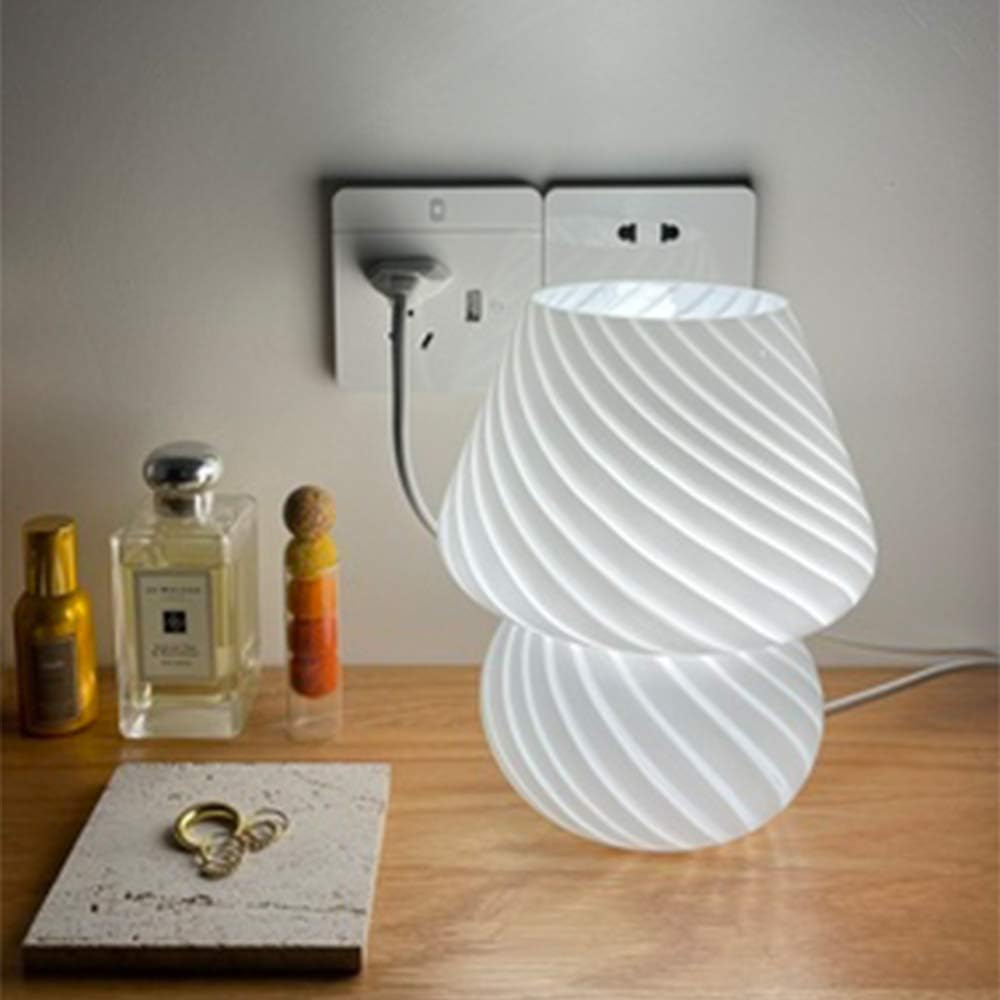 Translucent Table Mushroom Lamp Italian Style Modern Striped Glass Bedside Lamps Desk Light, Used for Baby Home Decoration of Dining, Living, Study,Gift