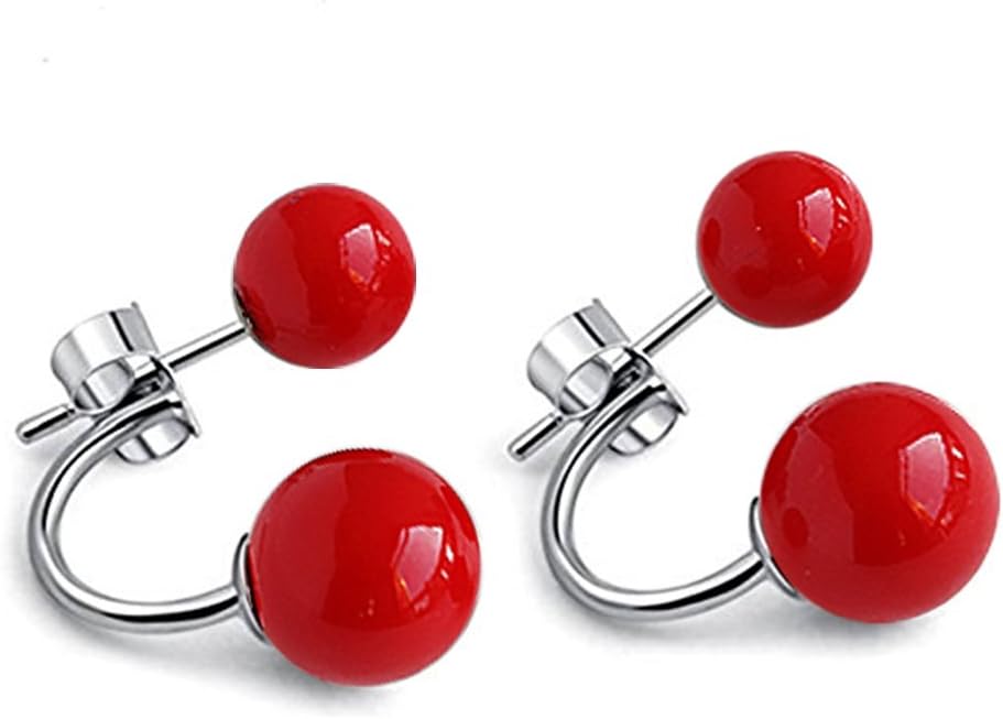 925 Sterling Silver Red Earrings For Women Double Red Coral Pearl Stud Earrings Fashion Jewellery For Ladies Girls