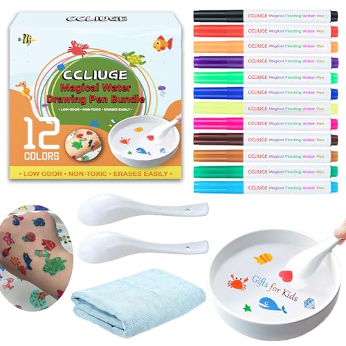 Kiddies Create Magical Floating Drawings Bundle 12 Colors Magic Drawing Pens for Kids Water Magical Water Painting Pen Set with Spoons & Towel Water Art Markers for Tattoo Gifts for Boys & Girls