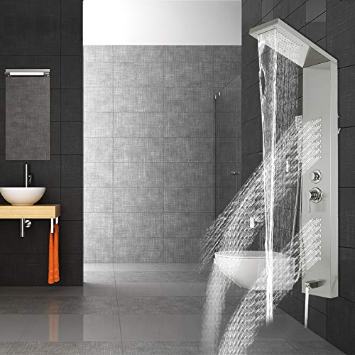 Happybuy 5 in1 Shower Panel Tower System Brushed Silver Stainless Steel Multi-Function Shower Panel with Spout Rainfall Waterfall Massage Jets Tub Spout Hand Shower for Home Hotel Resort Split Type