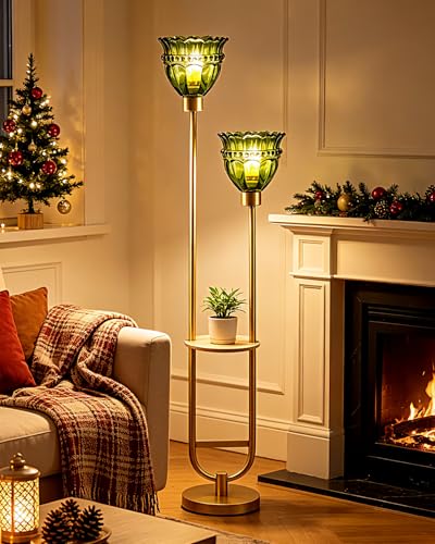 Image of Lightdot 2-Lights Glass Floor Lamp with Table Mid Century Modern Gold Standing Tall Lamps with Green Glass Shade, LED Floor Lamp with Foot Switch for Living Room Bedroom Home Decor (Bulbs Included)