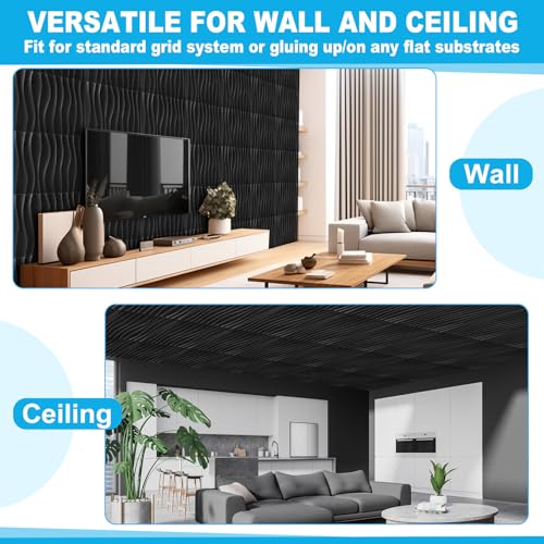 Panneau mural 3D à décoller et coller en PVC noir pour déco intérieure ondulée - 6