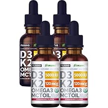 4 Pack Vitamin D3 K2 Drops Unflavored & Strawberry Flavor Bundle - Maximum Strength Vitamin D Liquid 5000 IU with MCT Oil Omega 3 - No Fillers, Non-GMO Liquid D3 for Immune Support, 2 Fl Oz Each