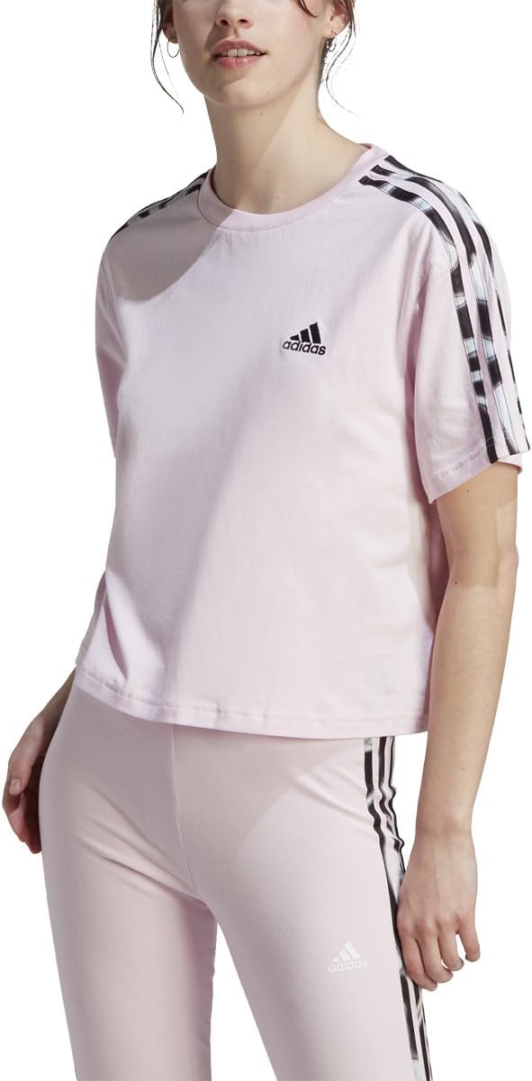 adidas Vibey All Over Print 3-Stripes Crop Tee Clear Pink/Multicolor LG