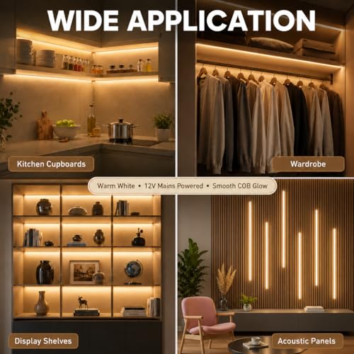 Image of COB LED Strip Lights, 6 in 1 Dimmable Touch Control Under Cabinet Lights, 12V Under Cabinet Lighting Kit, Cuttable Self-Adhesive LED Strips for Display Cabinets, Wardrobes, Kitchen, Shelf Lighting