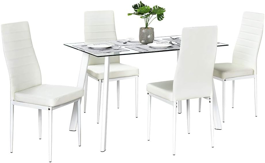 Bonnlo 5 Pieces Dining Table Set Modern White Dining Room Table Set for 4,Small Kitchen Table and Chairs for 4,Glass Dinner Table Set with PU Leather Metal Frame Chairs,Clear&White - Table & Chair Sets