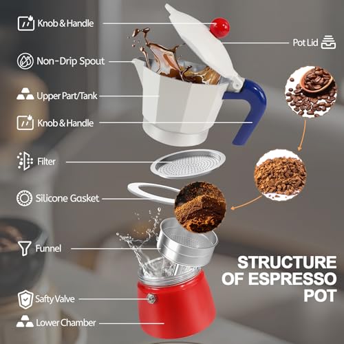 Image of Aluminum 3 Cup 150ml Moka Pot Express Coffee Maker Stovetop Espresso Colorful Coffeemaker Italian Classic Style Brewing Greca Cafe Mocha Machine for Cafeteras Lover Camping Travel and Home Use 5oz