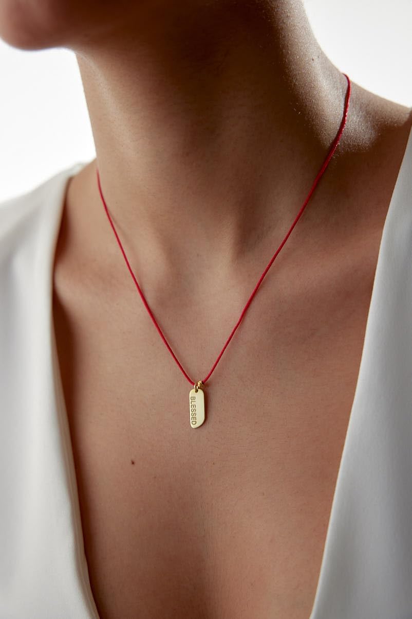 Affirmation Necklace Collection. LOVE - HOPE - BELIEVE - BLESSED - LUCKY. 18K Gold Plated Affirmation Pendant on Lucky Red silk String chain (Adjustable). UNISEX One of a Kind Meaningful Gift - Image 2