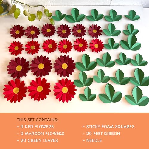 Image of Flower Bunting for Wall Decoration (Red Daisy with Leaves)