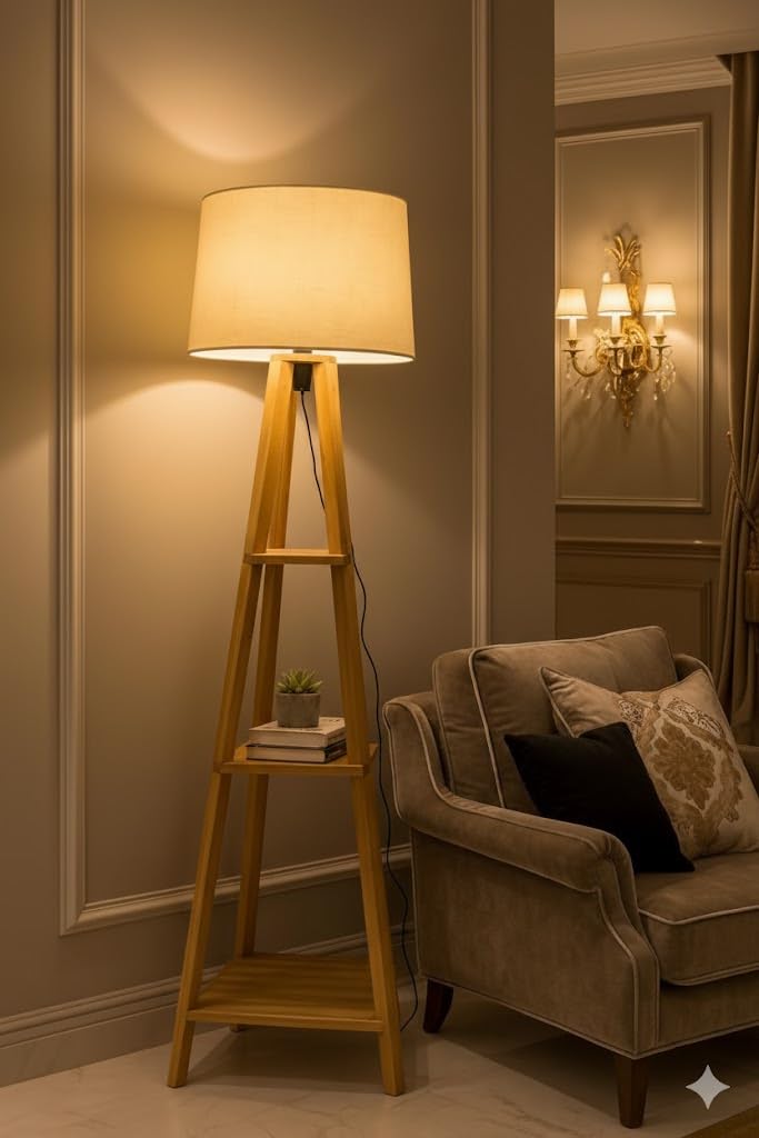 Wooden Floor Lamp with Built-in Shelves for Display & Storage | Stylish Standing Corner Lamp for Living Room | Decorative Night Light with Fabric Shade Wooden Tripod Floor Lamp (Beige Jute)