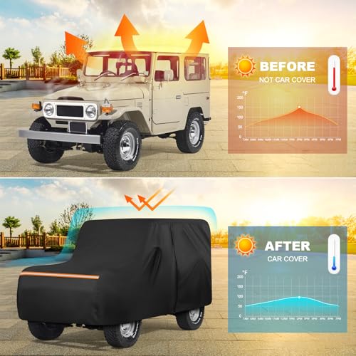 Image of Car Cover Compatible with 1960-1984 Toyota Land Cruiser FJ40 /41 /42, Waterproof 420D Oxford All Weather Protection Classic Car Covers with Reflective Strips, Zipper Door, Windproof Straps & Storage Bag