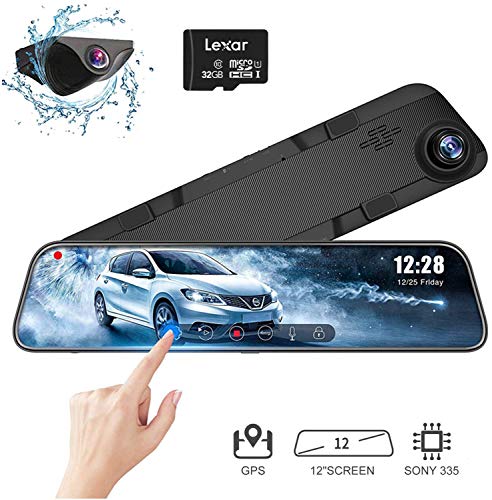 WOLFBOX 12'' 1296P Mirror Dash Cam Front and Rear Backup Camera,G-Sensor,Parking Assitance