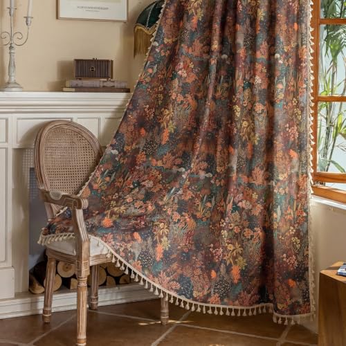 OYX Boho Floral Curtains 63 Inch, Linen Farmhouse Flower Drapes with Lace & Tassels, Light Filtering Semi Sheer Curtains for Living Room Bedroom, 2 Panels