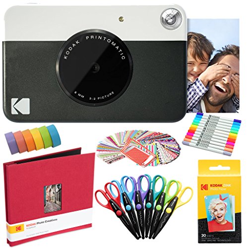 Kodak Printomatic Instant Camera (Black) Art Bundle + Zink Paper (20 Sheets) + 8x8 Cloth Scrapbook + 12 Twin Tip Markers + 100 Border Stickers + 6 Decorative Scissors + Washi Tape (AMZRODOMATICK4BK)