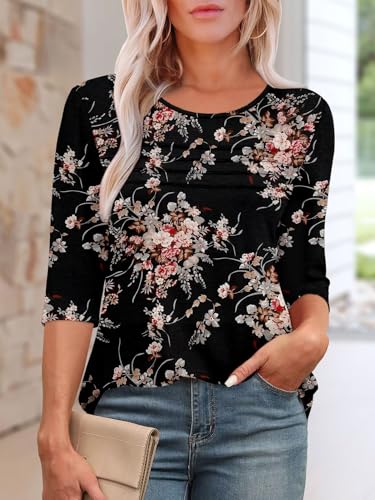 KISSMODA Women's Casual 3/4 Sleeve T-Shirts Round Neck Cute Tunic Tops Basic/Pleated Summer Tops Trendy Spring Blouses