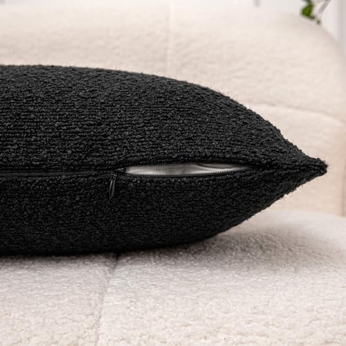 Vfuty 18x18 Black Pillow Covers Set of 2 Textured Boucle Accent Pillow Cases with Faux Leather Striped Square Cushion Cover for Bed Couch Sofa Living Room Home Decor — view 5
