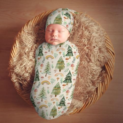 Image of Watercolor Tree Rainbow Mushroom Newborn Swaddle Blanket with Beanie Hat Set Soft Receiving Blankets Baby Swaddle Wrap for Baby Boys and Girls