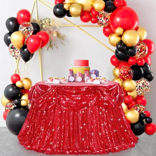 Image of B-COOL Sequin Tablecloth Red Party Decorations: Round Tablecloth Overlay 90 Inch Sparkle Fabric for Birthday Beach Parties Christmas Table Decor