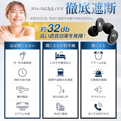 【睡眠インストラクター推薦】Wawalag(ワワラグ) ノイズバスター 耳栓 睡眠用 遮音 ノイズキャンセリング 聴覚過敏 快眠 安眠 リラックス (ブラック, フリーサイズ)