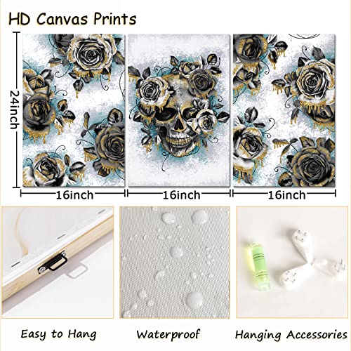3 Piece Skull Canvas Wall Art Suger Skull With Rose Flower Painting Artwork Skeleton Prints Picture Gothic Wall Decor For Living Room Bedroom Framed Ready To Hang 16X24X3Pcs #TOP5