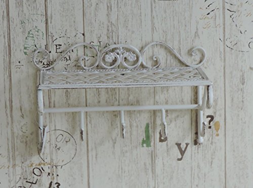 Euronovità EN-222241 Mensola con 5 Appendini Stile Shabby in Ferro Battuto,colore Panna.. H 22.5 X 35.5 X 18
