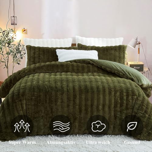 Lanqinglv Plush Bed Linen 135 x 200 cm Green Dark Green Fluffy Long Hair Faux Fur Winter Bed Linen Warm Cosy Flannel Fleece Cashmere Touch Duvet Cover with Zip and 1 Pillowcase 80 x 80 cm - Image 3
