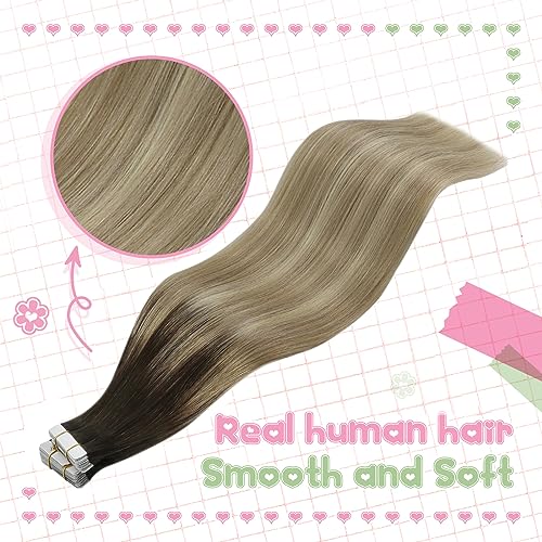 YoungSee Balayage Tape in Hair Extensions Real Human Hair 22 Inch Ombre Tape in Extensions Human Hair for Long Hair Dark Brown Ombre Brown with Blonde 20pcs 50g - Image 2
